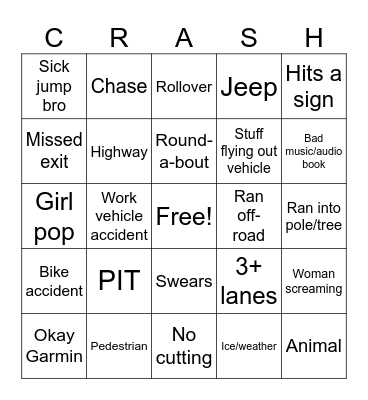 Car Crash Bingo Card