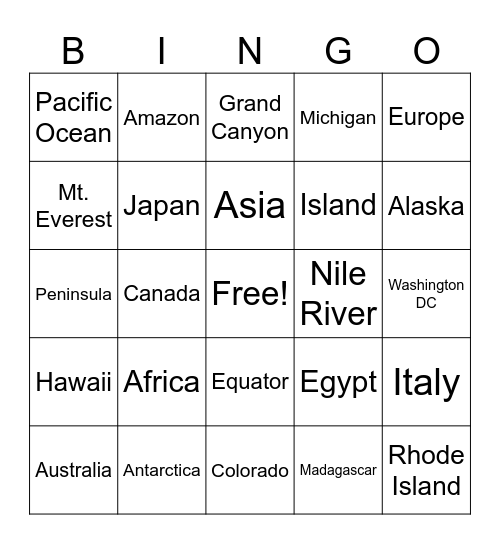 Geography Meet-Up Bingo Card