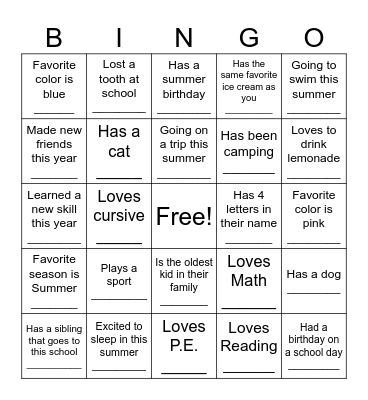 Last Day of School Bingo Card