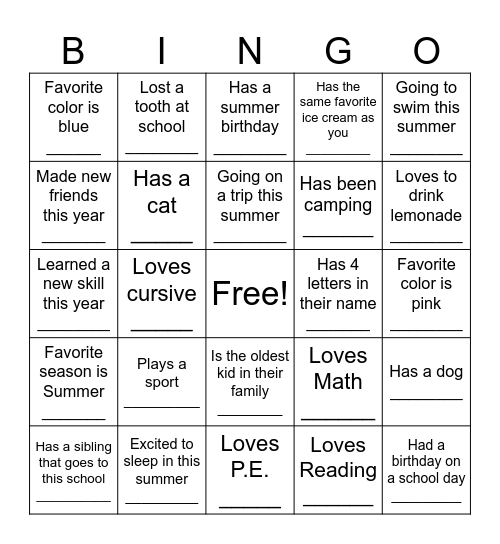 Last Day of School Bingo Card