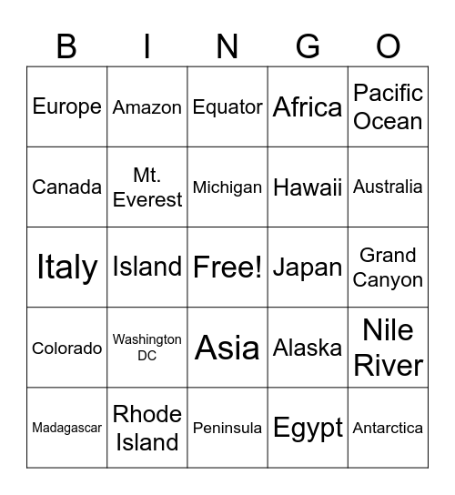 Geography Meet-Up Bingo Card