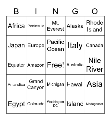 Geography Meet-Up Bingo Card