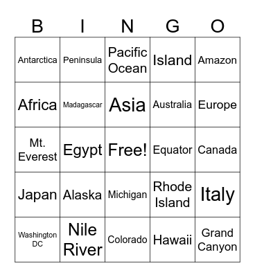 Geography Meet-Up Bingo Card