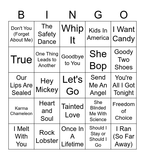 80s New Wave Bingo Card