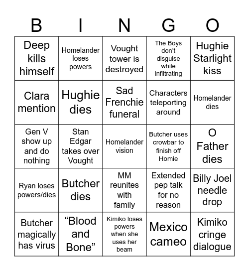 The Boys Finale Bingo Card