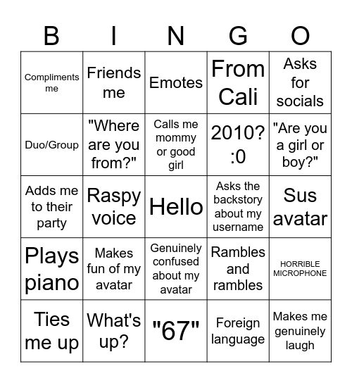 Roblox Neighbors Bingo Card