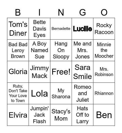 Tunes That Name 2 Bingo Card