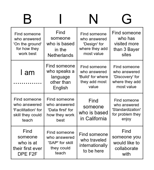 DPE F2F Networking Bingo Card