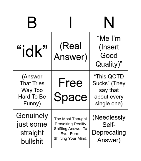 QOTD-Answer Bingo Card