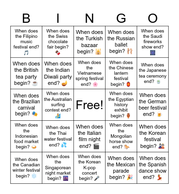 B9 L12 When does the Turkish bazaar begin? Bingo Card