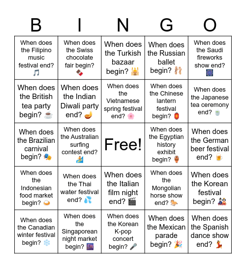 B9 L12 When does the Turkish bazaar begin? Bingo Card