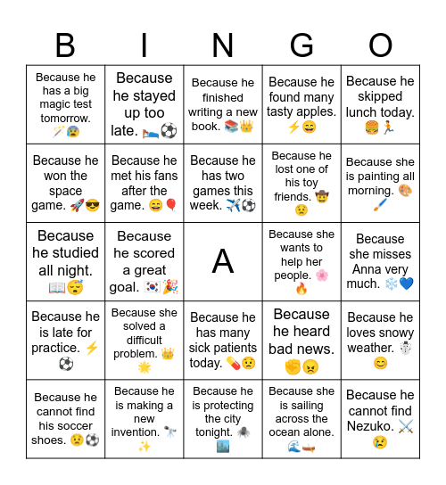 B9 L14 Because he practiced soccer all day. ⚽😴 Bingo Card