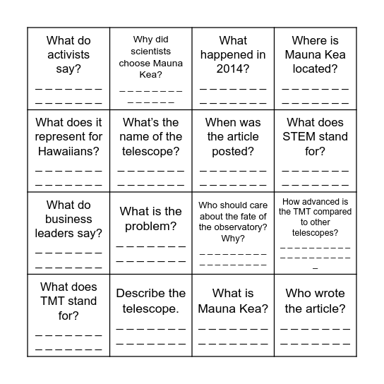 Ask the questions. Find the answers. Bingo Card