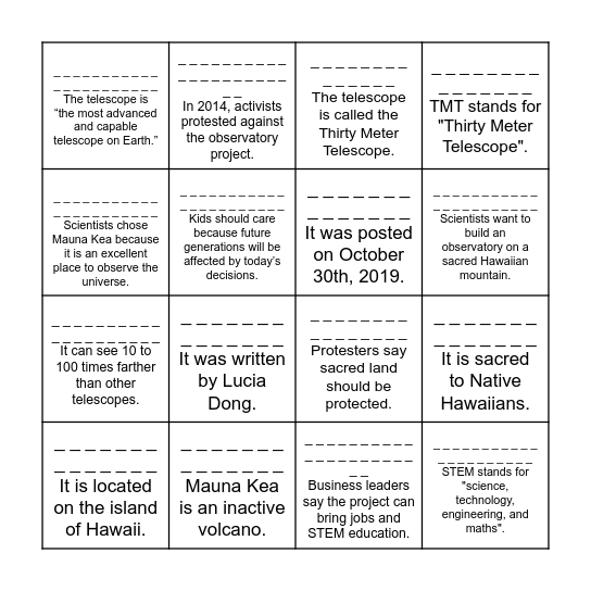 Listen to the questions. Say the answers. Bingo Card