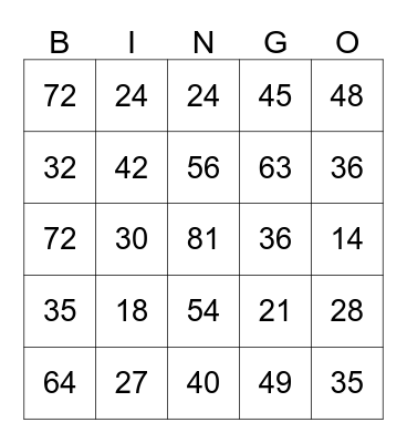 Multiplication Bingo Card