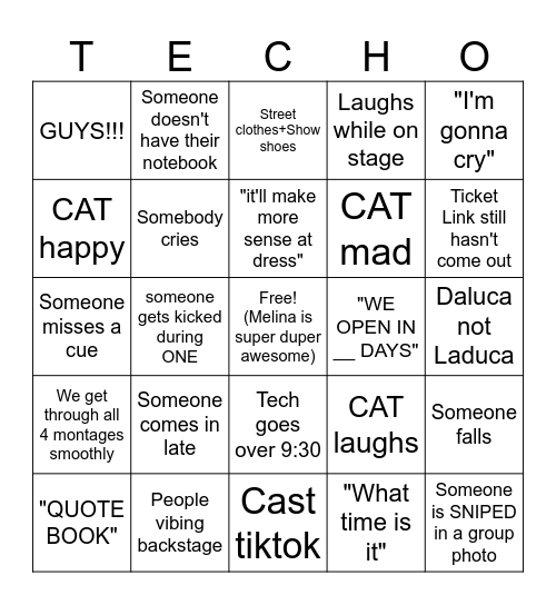 A Chorus Line Tech Week Bingo Card