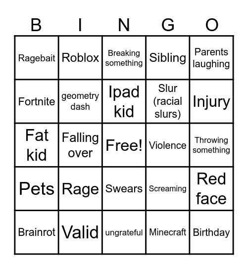 Kids crashing out :3 Bingo Card