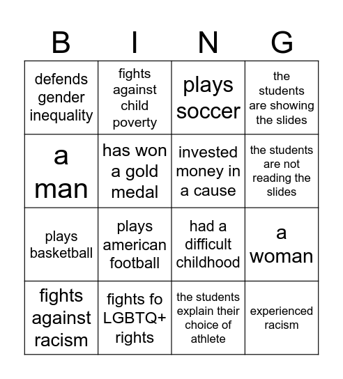info on the athlete Bingo Card