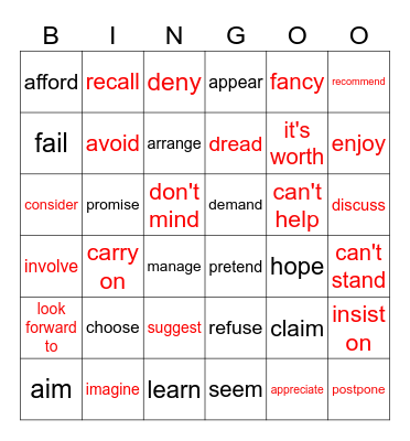 verb patterns verbs Bingo Card