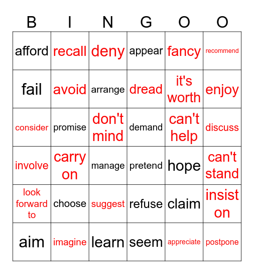 verb patterns verbs Bingo Card