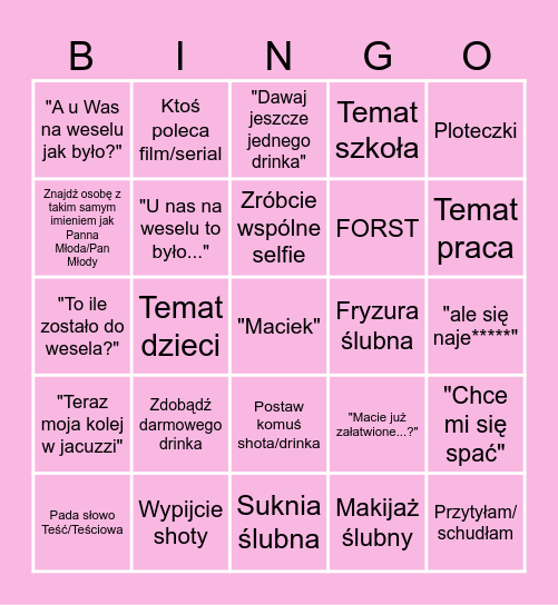 Wieczór panieński Bingo Card