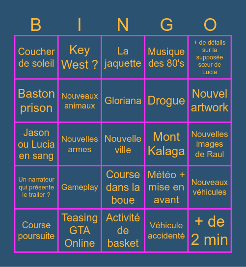 GTA VI Trailer 3 Bingo Card