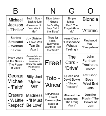 1980's Bingo Card
