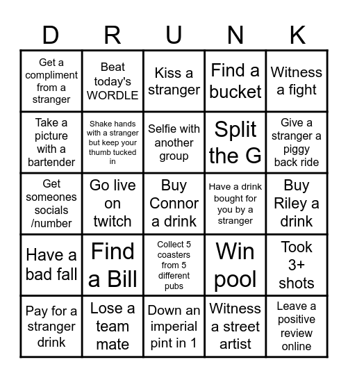 Bar Bingo Card