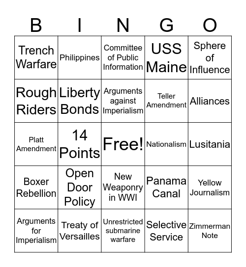 Imperialism and WWI  Bingo Card