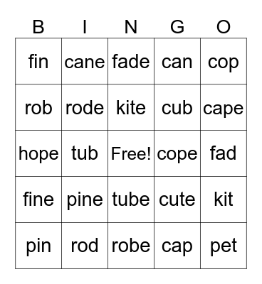 Long and Short Vowel Words Bingo Card
