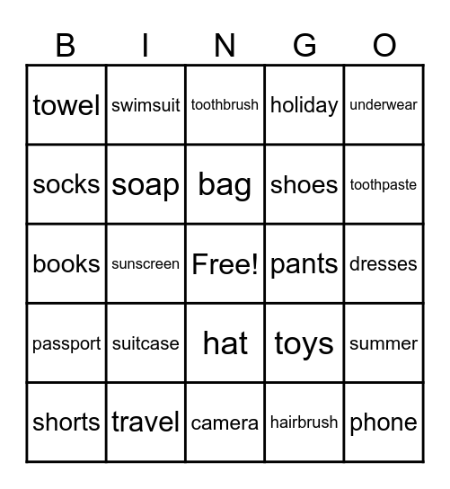 Packing List Bingo Card