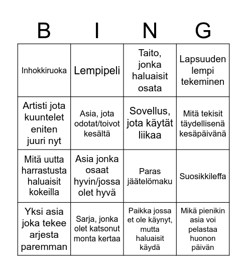 Inspiraatiobingo – tästä meille kesätekemistä? Bingo Card