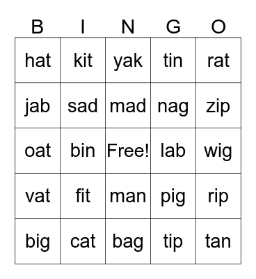 Short a & i words Bingo Card