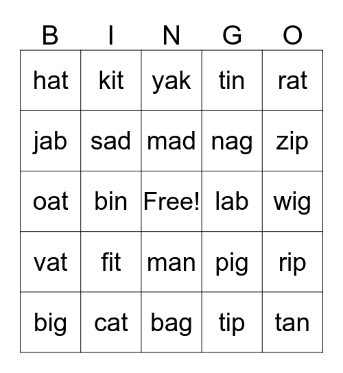 Short a & i words Bingo Card