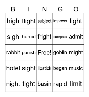 -igh and Syllable Bingo Card