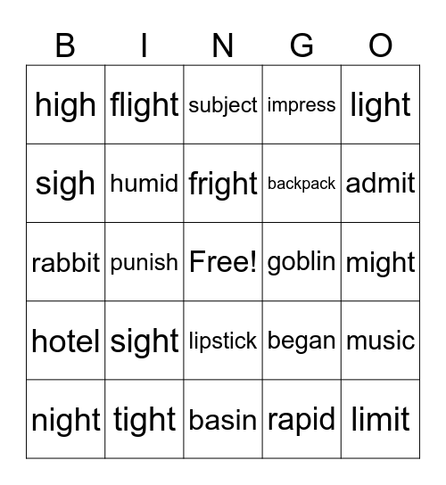 -igh and Syllable Bingo Card