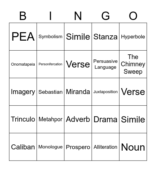 English Bingo Card