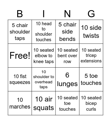 Senior Citizen Exercise Bingo Card