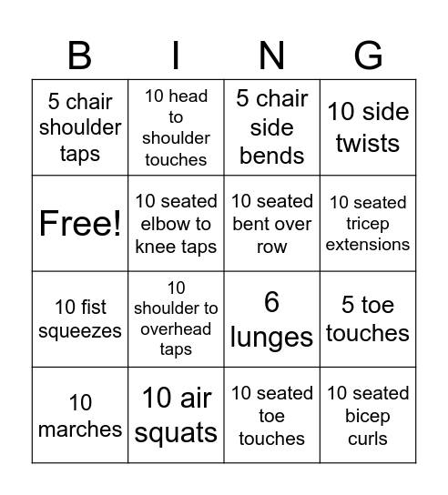 Senior Citizen Exercise Bingo Card