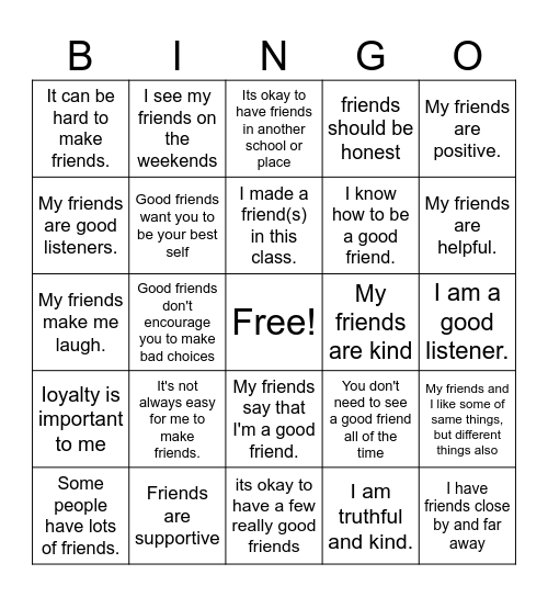 FRIENDSHIP Bingo Card