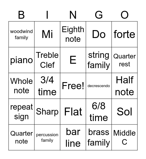 3rd grade Music Bingo Card