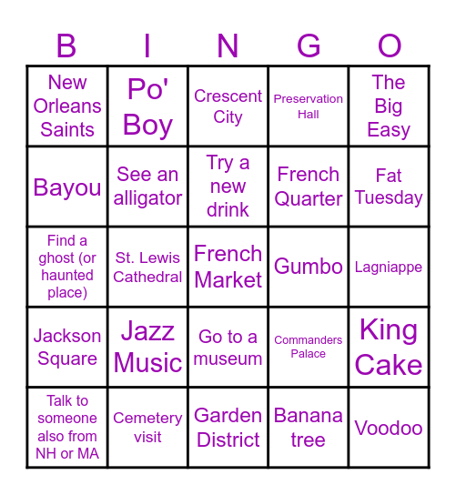 New Orleans Bingo Card