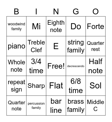 3rd grade Music Bingo Card