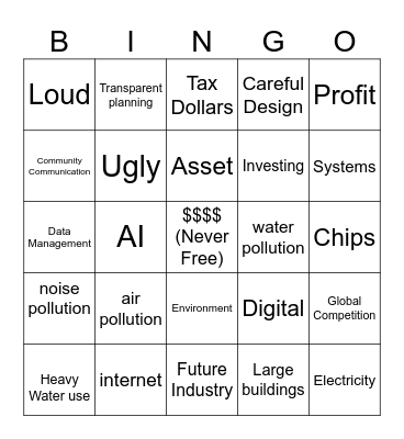 Data Center's Community Benefits/Costs Bingo Card