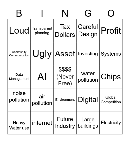 Data Center's Community Benefits/Costs Bingo Card