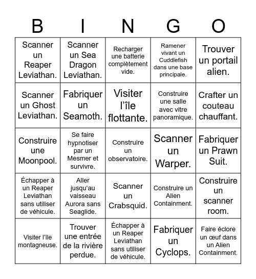 Subnautica Bingo Card
