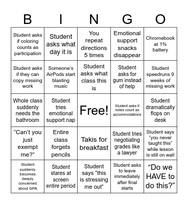 Finals Chaos Bingo Card