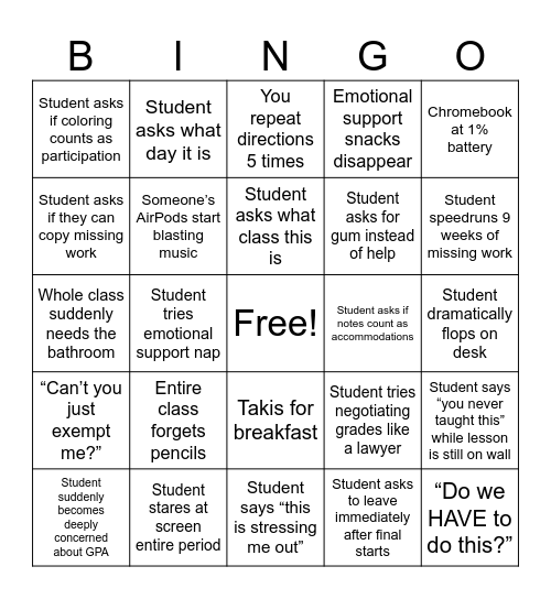 Finals Chaos Bingo Card