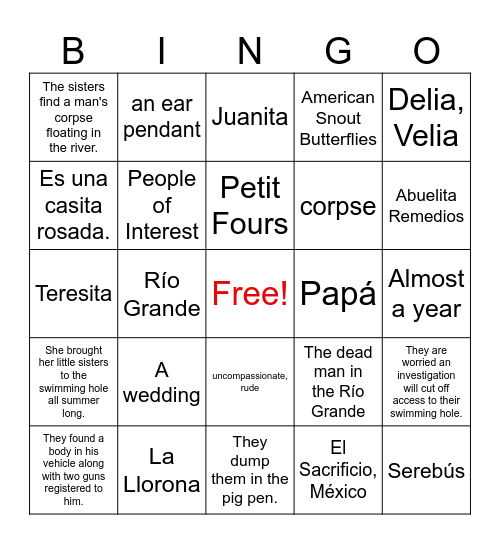 Summer of the Mariposas: Chapters 1-10 Bingo Card