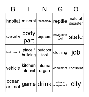 Categories Bingo Card